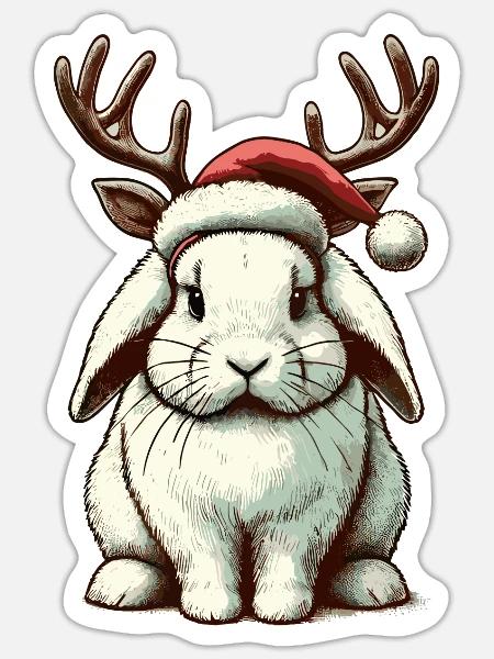 Christmas Bunny With Antlers And Hat - Sticker - white matte