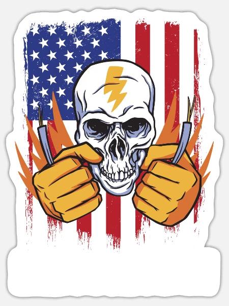 Electrician Skull with American Flag Background - Sticker - white matte