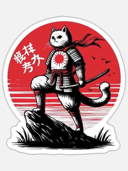 Samurai Cat in Rising Sun Armor - Sticker - white matte