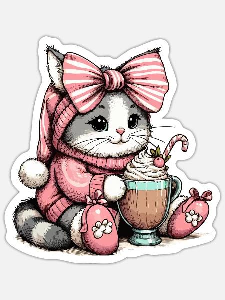 Cozy Pink Cat in Sweater and Cocoa - Sticker - white matte