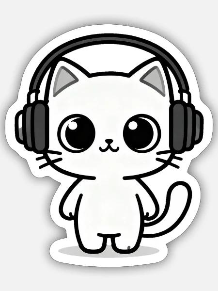 Kawaii Cat with Headphones - Sticker - white matte