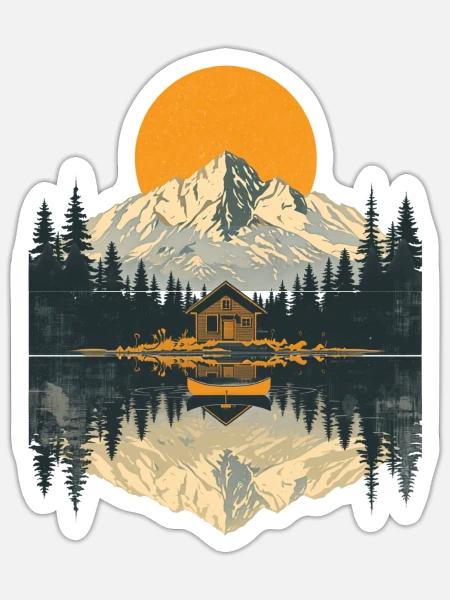 Mountain Cabin Sunset Vintage Outdoor Adventure - Sticker - white matte