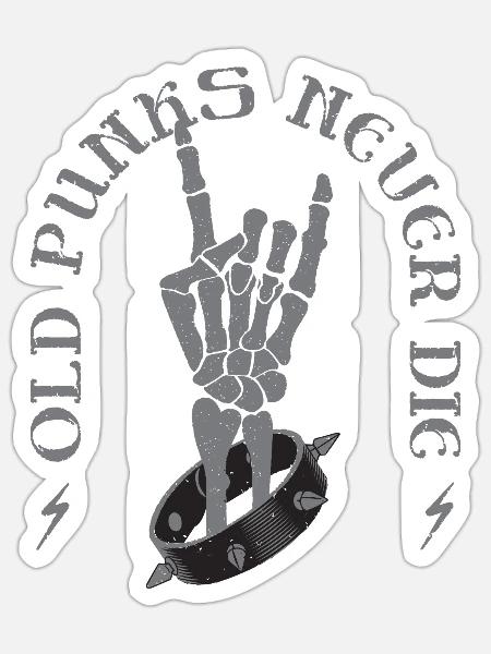 OLD PUNKS NEVER DIE - Retro Skeleton Rock On Hand - Sticker - white matte