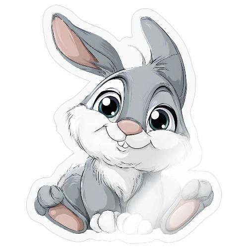 Joyful Grey and White Baby Rabbit Cartoon - Sticker