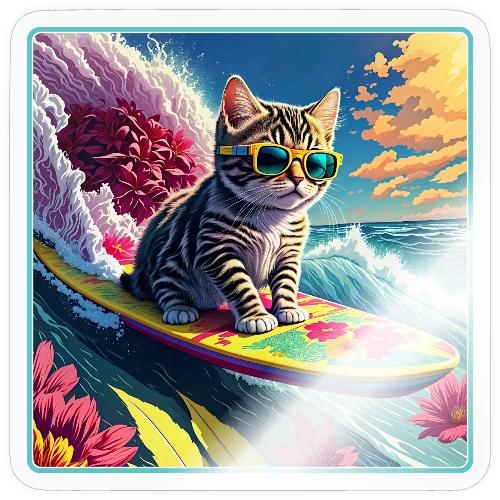 Kitten Surfing A Pink Flower Wave - Sticker