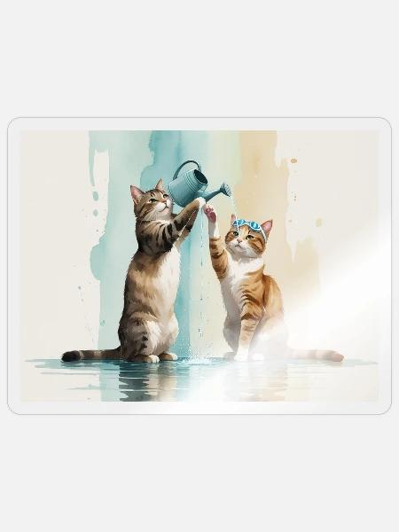 Watering Cat Duo Watercolor - Sticker - transparent glossy