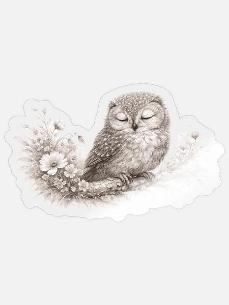 Sleeping Owl in Bloom – Soft Monochrome Art - Sticker - transparent glossy