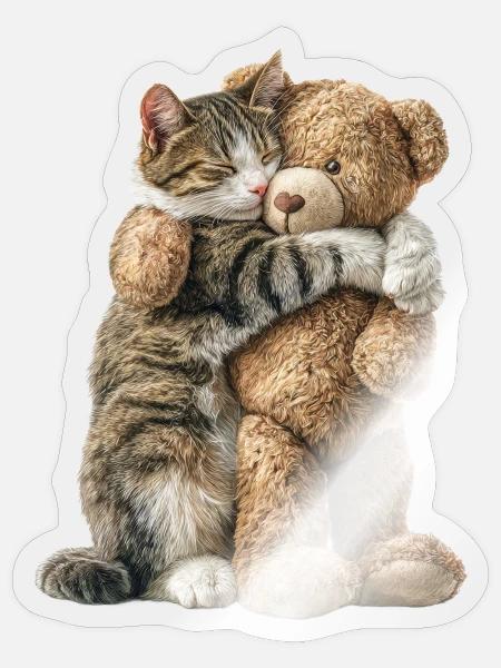 Cuddling Cat and Teddy Bear - Sticker - transparent glossy