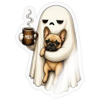 Meh Ghost Sips Coffee with Pug - Sticker - transparent glossy - Front