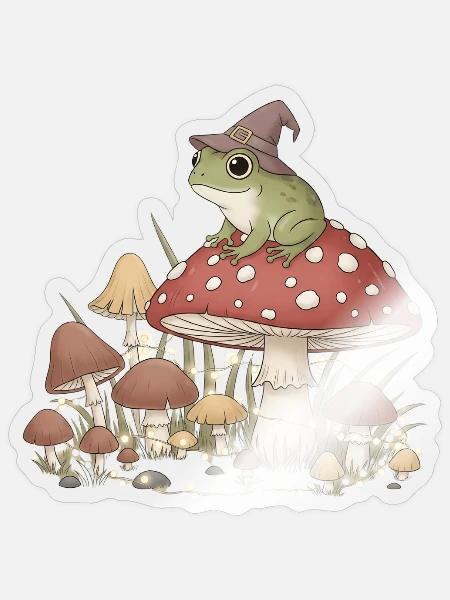 Whimsical Forest Frog in Magic Mushroom Scene - Sticker - transparent glossy
