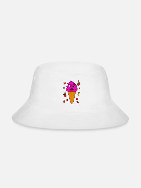Kawaii Funny Strawberry Ice Cream Face - Bucket Hat - white