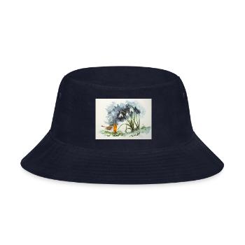 Early Crocus And Bird In Snow Watercolors - Bucket Hat - navy - Front
