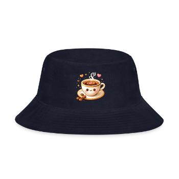 Cute Coffee Cup with Face Illustration - Bucket Hat - navy - Front