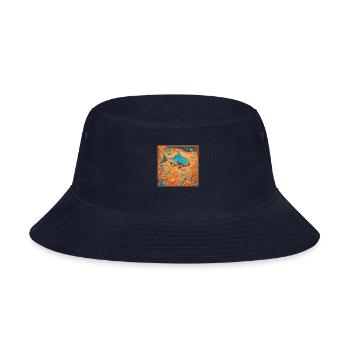 Design a comic style poster with a vibrant orange - Bucket Hat - navy - Front