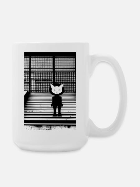 White Cat in Hoodie Standing on the Steps - Street - Coffee/Tea Mug 15 oz - white