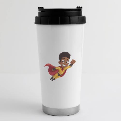 Flying Cartoon Superhero Boy in Red Cape - 16 oz Travel Mug