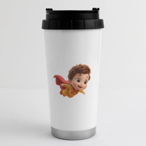 Flying Cartoon Superhero Boy in Yellow Suit - 16 oz Travel Mug