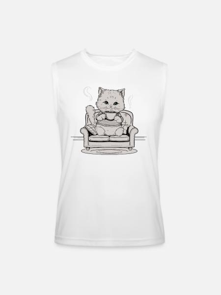 Coffee Cat In Comfy Chair - Men’s Performance Sleeveless Shirt - white