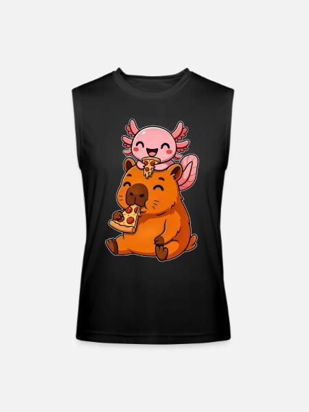 Cute Axolotl and Capybara Eating Pizza Funny - Men’s Performance Sleeveless Shirt - black - Front
