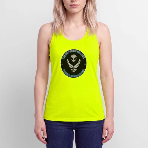 BlackOpsTransBigger1 FrontOnly with OTchan Back - Women’s Performance Racerback Tank Top