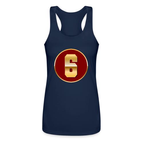 Number 6 in Gold Varsity Font - Women’s Performance Racerback Tank Top