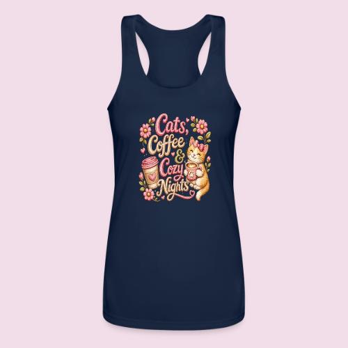 Cats, Coffee & Cozy Nights Faux Stitched Design - Women’s Performance Racerback Tank Top