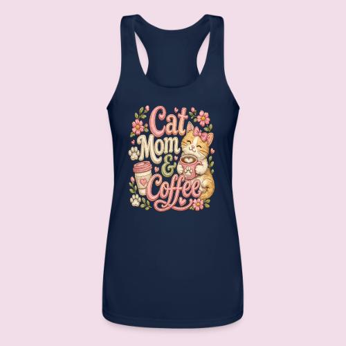 Cat Mom & Coffee Faux Stitched Cat Lover Design - Women’s Performance Racerback Tank Top