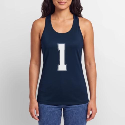 White Number 1 – Varsity Font - Women’s Performance Racerback Tank Top