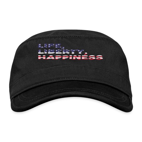 Life, Liberty, Happiness American Flag Font - Organic Cadet Cap 