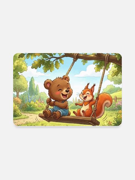 Forest Friends on a Sunny Swing - Rectangle Magnet - white