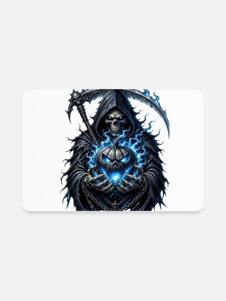 Hooded Skull with Flaming Pumpkin - Rectangle Magnet - white - Front