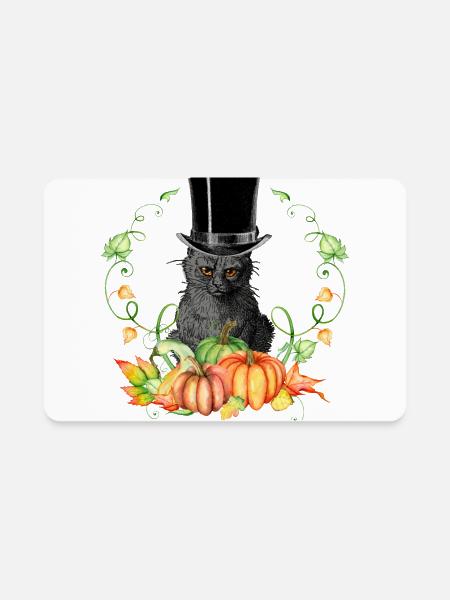 Cranky Black Cat in Top Hat in Fall Harvest Wreath - Rectangle Magnet - white - Front