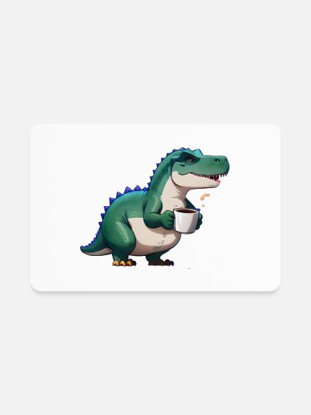 Blue and Green Dinosaur Drinking Coffee - Rectangle Magnet - white
