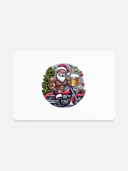 Tatooed Santa on a motorcycle with a beer - Rectangle Magnet - white - Front