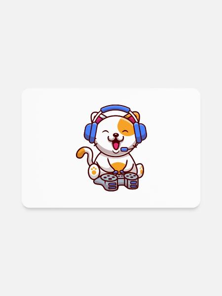 Cute Cat Gaming With Headphone And Console - Rectangle Magnet - white - Front