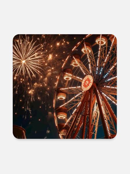 Night Ferris Wheel Fireworks - Square Magnet - white