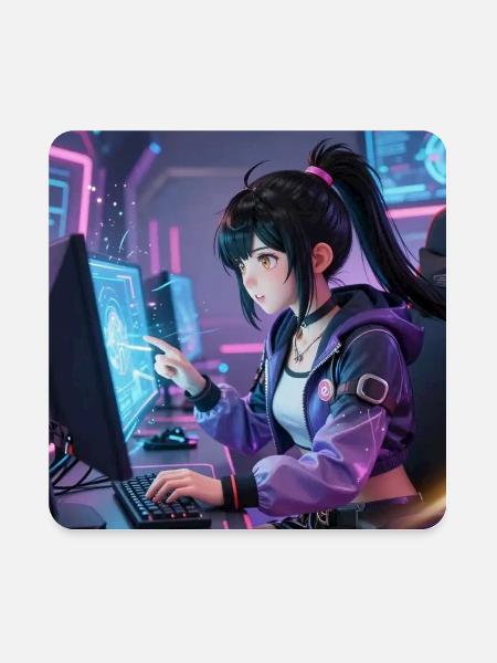 Neon Cybercoder at Console - Square Magnet - white - Front