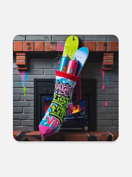 Naughty List Graffiti Sock - Square Magnet - white - Front