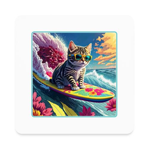 Kitten Surfing A Pink Flower Wave - Square Magnet
