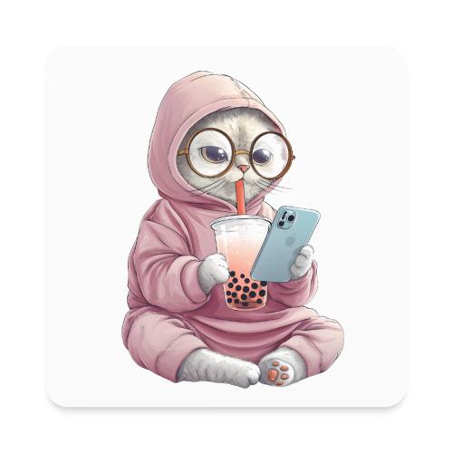 Cool Cat Bubble Tea Cartoon Design - Square Magnet