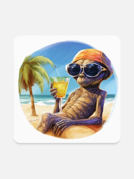 An alien is at the beach sipping on a drink - Square Magnet - white - Front