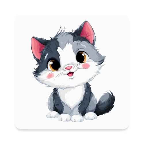 Sweet Sitting Kitten Cartoon Smiling - Square Magnet