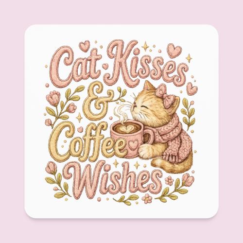 Cat Kisses & Coffee Wishes Faux Stitched - Square Magnet