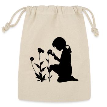 Young Girl Silhouette kneeling picking flowers - Reusable Gift Bag - Natural - Front