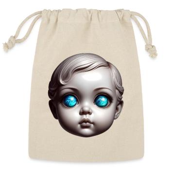 Glow Blue Eyes Doll Head – Dark Surreal Portrait - Reusable Gift Bag - Natural - Front