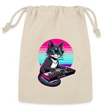 Retro 80s Synthwave Cat Musician - Reusable Gift Bag - Natural - Front