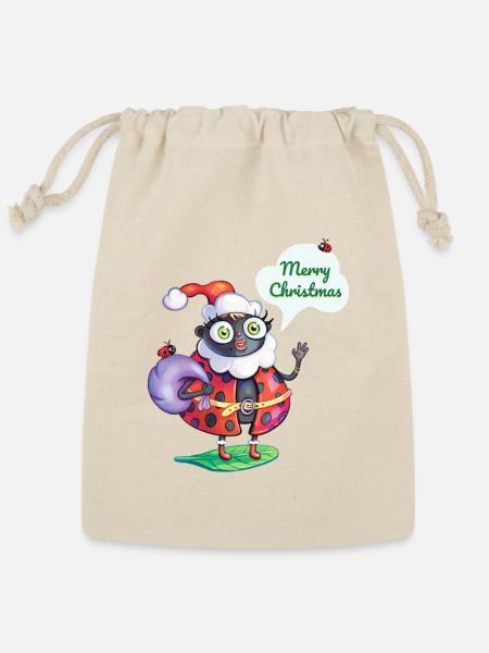 Santa Ladybug Christmas - Reusable Gift Bag - Natural