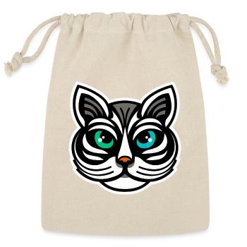 Whimsical Odd-Eyed Cat Cartoon - Unique Mustache - Reusable Gift Bag - Natural - Front