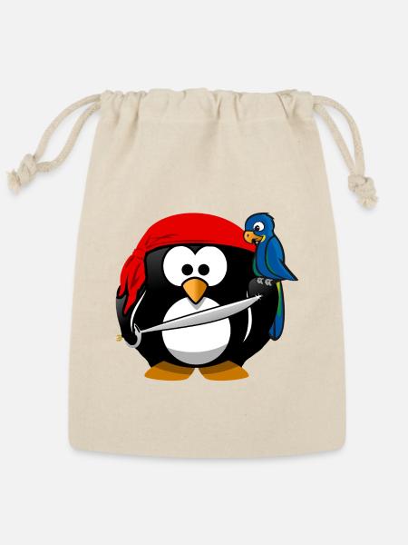 Penguin Pirate with Parrot - Reusable Gift Bag - Natural