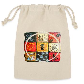 Unique Hand Drawn Vibrant Tribal Art Patch Design - Reusable Gift Bag - Natural - Front
